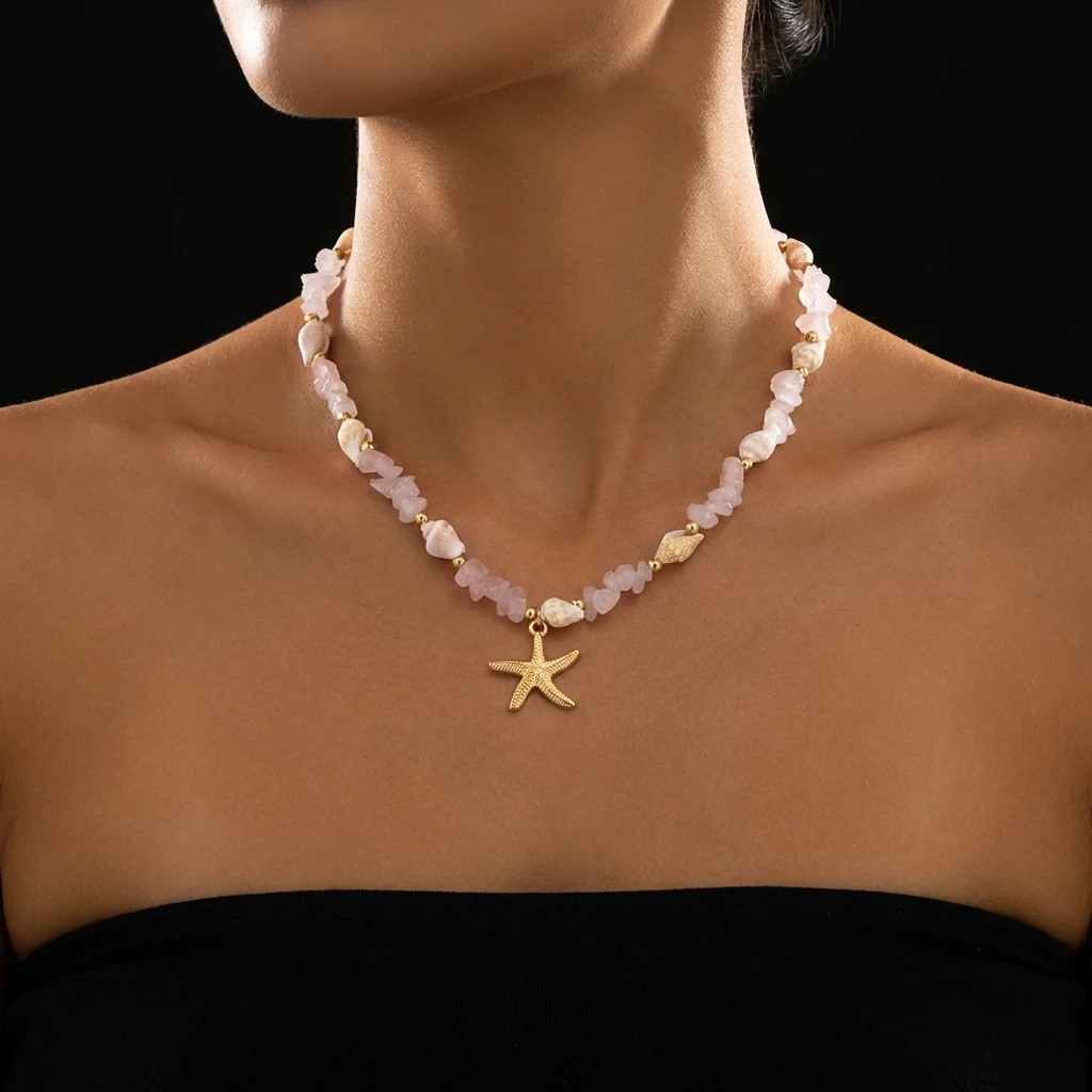 Boho Muschel Rosa Stein Choker Halskette für Frauen Goldfarben Seestern-Anhänger Strand-Schmuck für Sommerurlaub Y2K Ästhetisches Geschenk