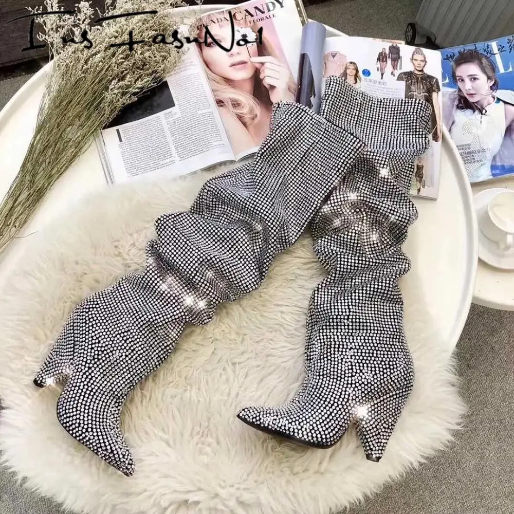 Bling Over The Knee Boots Crystal Women High Heel Thigh Boots Strass Shoes Pleated Spike Heel Rhinestone Long Wedding