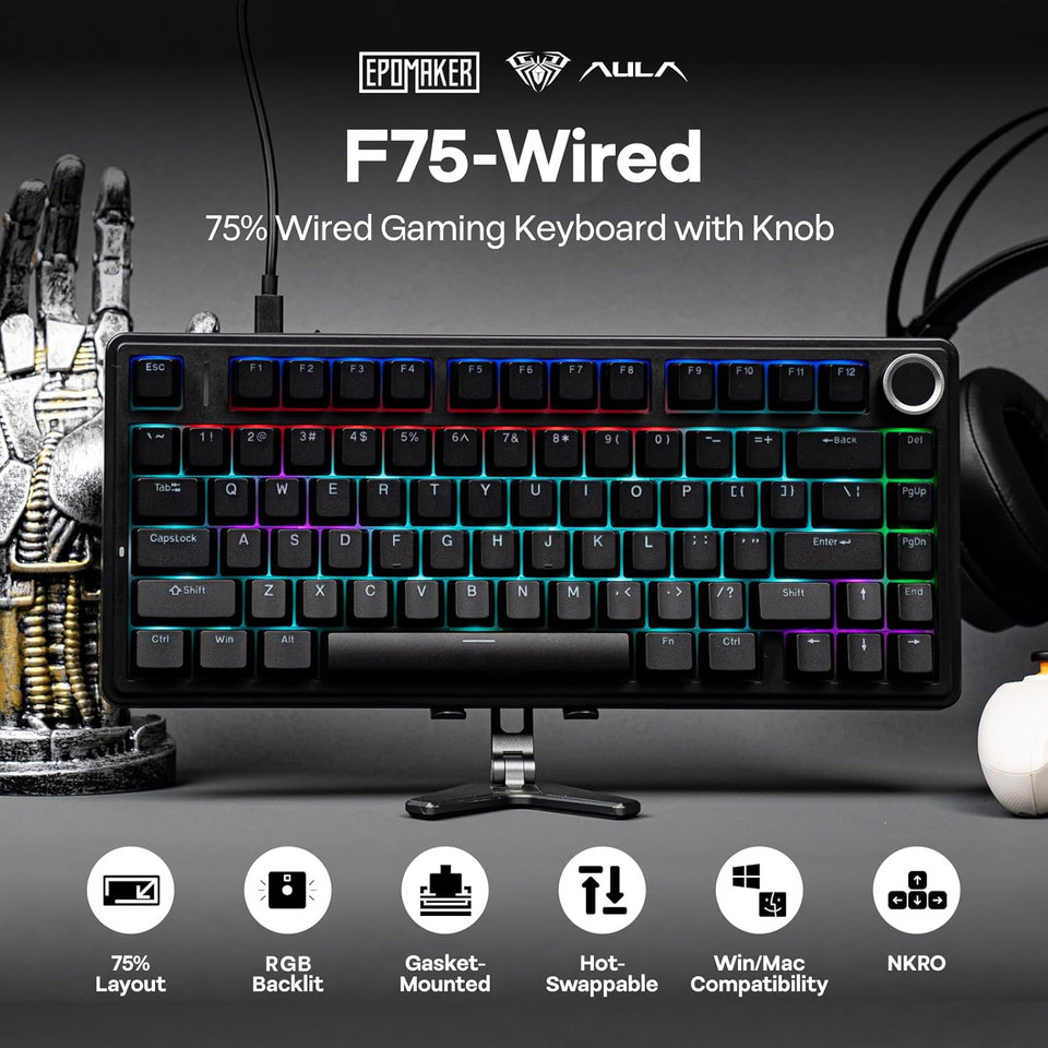 Aula F75 Wired 75% Gaming Keyboard With Knob RGB Backlight ABS Keycap Gasket Structure Hot Swappable Office Mechanical Keyboards