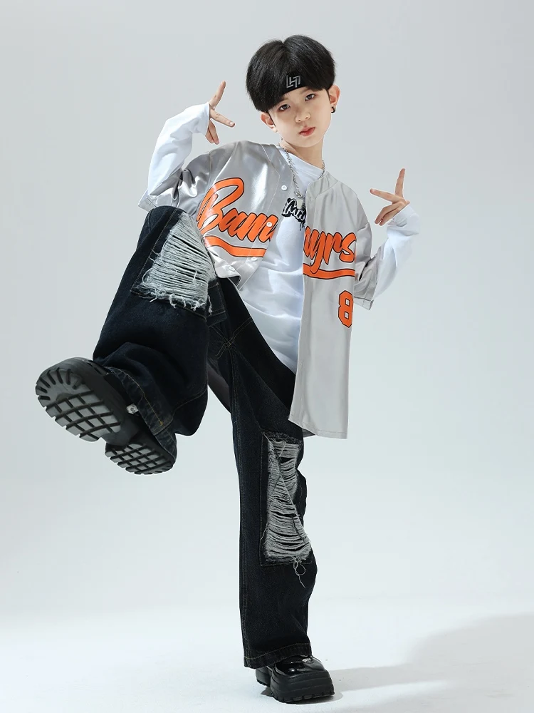 Children'S Trendy Clothing For Boys Bright Silver Baseball Suit Girls Jazz Hiphop Dance Performance Stage Costumes DQS14357
