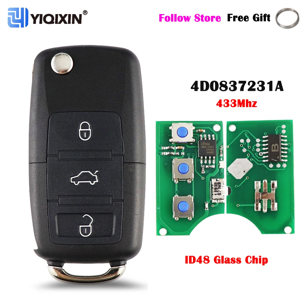 YIQIXIN 3 Buttons Smart Remote Flip Car Key 433Mhz For Audi A3 A4 A6 A8 RS4 TT Allroad Quttro ID48 Chip Folding Fob 4D0837231A yiqixin 434mhz flip car key id48 chip for audi a3 a4 a2 a6 a5 b8 s3 s4 tt cabrio quattro avant universal 8p0837220d q k remote