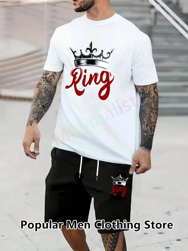 Men's Summer Tracksuit KING Crown Print T-Shirt Shorts Set Sports Short Sleeve Outfit Casual Trendy Man Clothing Outdoor Suits