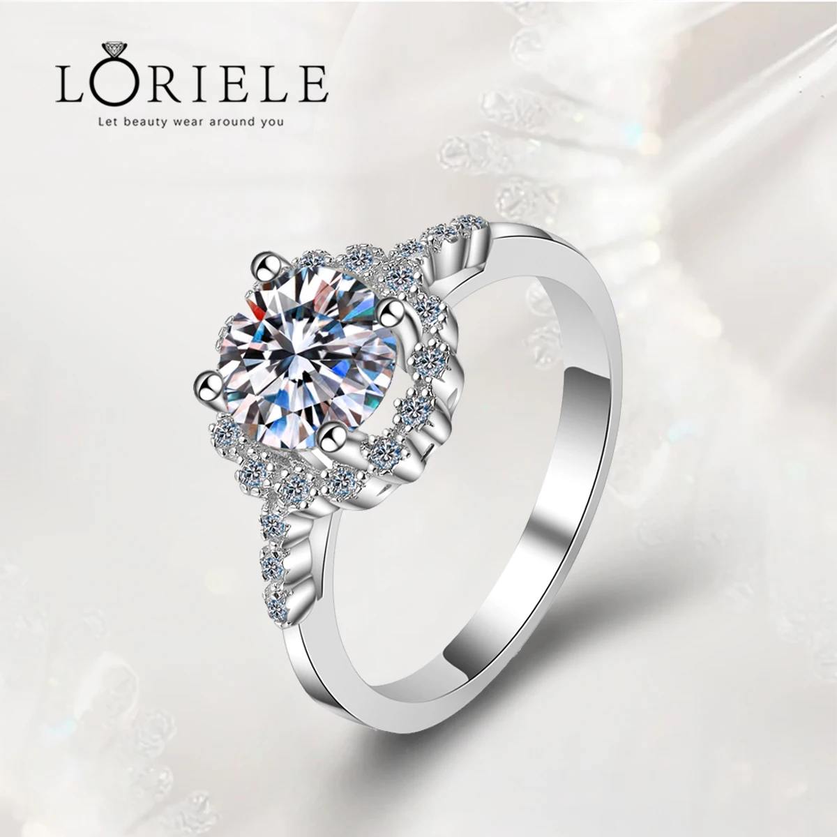 

LORIELE Center Halo Moissanite Diamond Engagement Rings for Platinum Plated Sterling Silver Flower Wedding Band Fine Jewelry