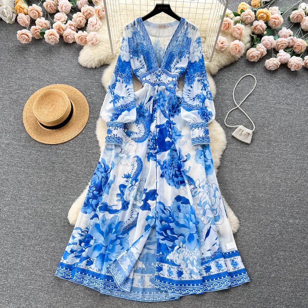 

Retro Floral Print Button Elegant Chiffon Dress A-line lantern Sleeve Casual V-neck High Waist Dress Women Summer