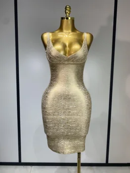 High Quality Celebrity Elegant Gold Bodycon Bandage Dress Women Sexy Nightclub Evening Party Luxury Birthday Dress Vestidos 1