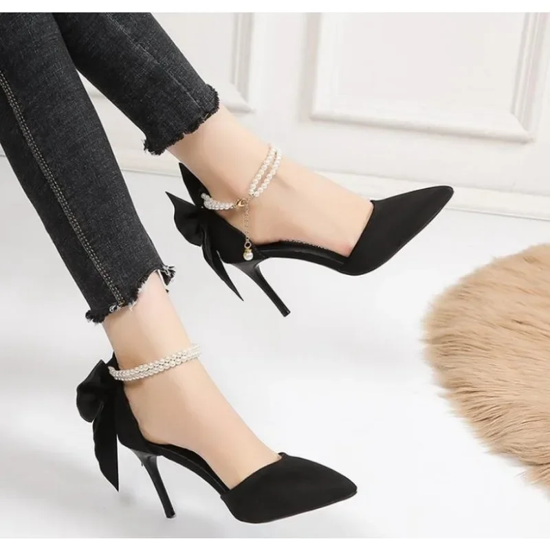 Red Xiuhe Wedding Shoes New Pointy Stiletto High Heels Female Shallow Mouth Bow Pearl One Word Buckle Strap Two Wear Bride Shoes 5