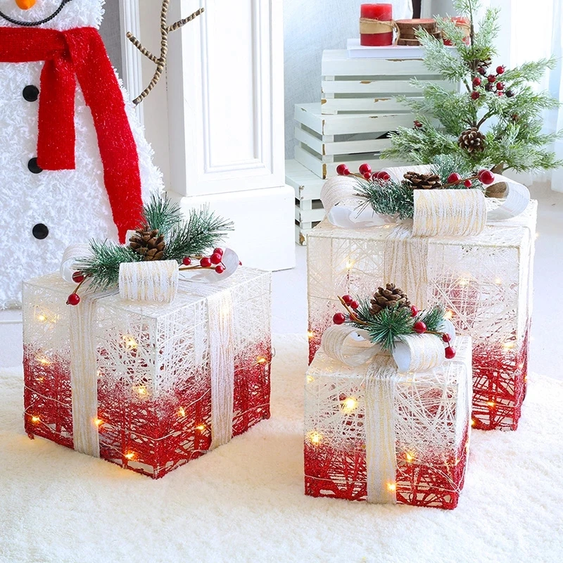 

3pcs Christmas Decoration Wrought Iron Gift Box Christmas Tree Ornaments Luminous Iron Art Home Outdoor Christmas Decorations