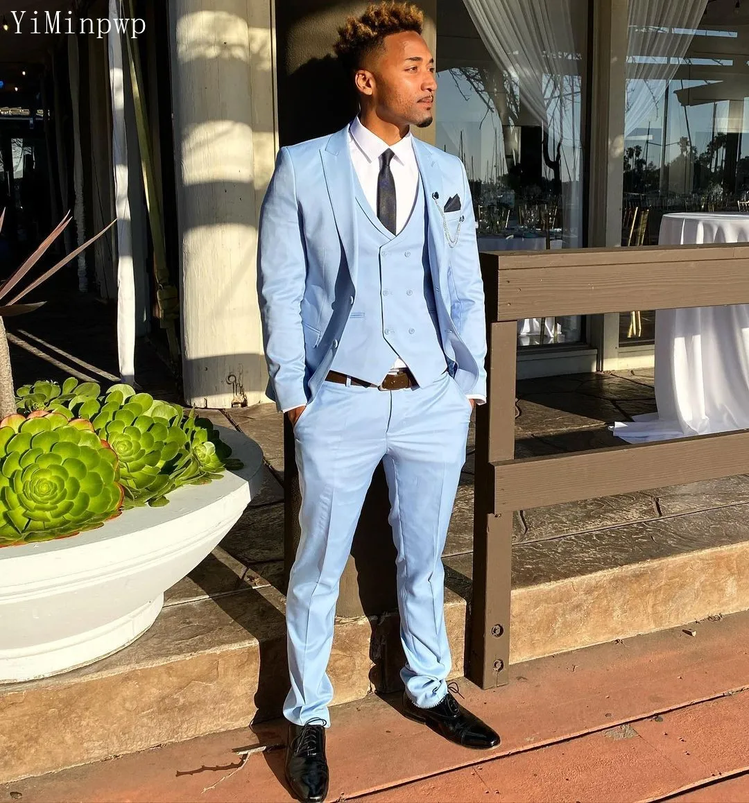 Tuxedo Traje Hombre Fiesta Suit Outfit Blazer Azul Claro Hombre