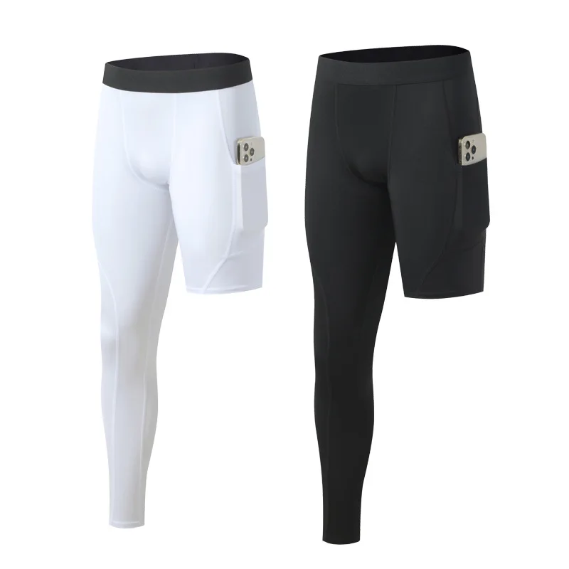 

One-Leg Cropped Leggings with Pockets Basketball Tights Men's Sports Bottom Fitness Training High-Elastic Quick-Drying Leggings