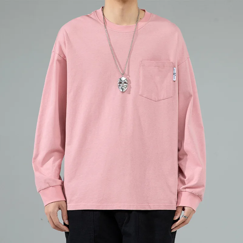 Round neck pure cotton T-shirt Solid color Simple long sleeved Loose casual pocket Rib cuffs hoodies