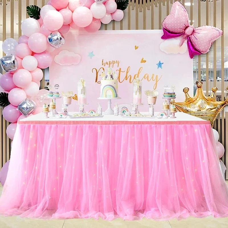 Sheer Table Skirt 3-Ply with LED Lights Gold Edge Wedding Party Cake Table Decoration