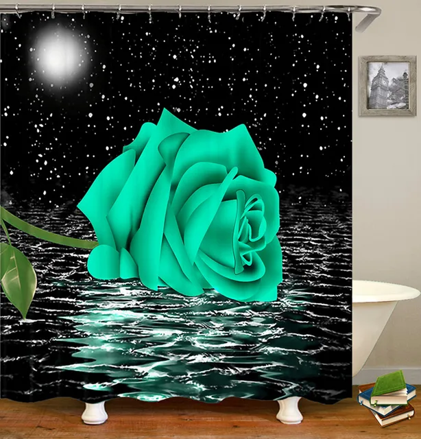 Rose Flower Shower Curtain Set Non-Slip Rugs Bath Mat Toilet Lid Cover and 12 Hooks Waterproof Polyester Bathroom Decor Q-1PC Shower Curtain
