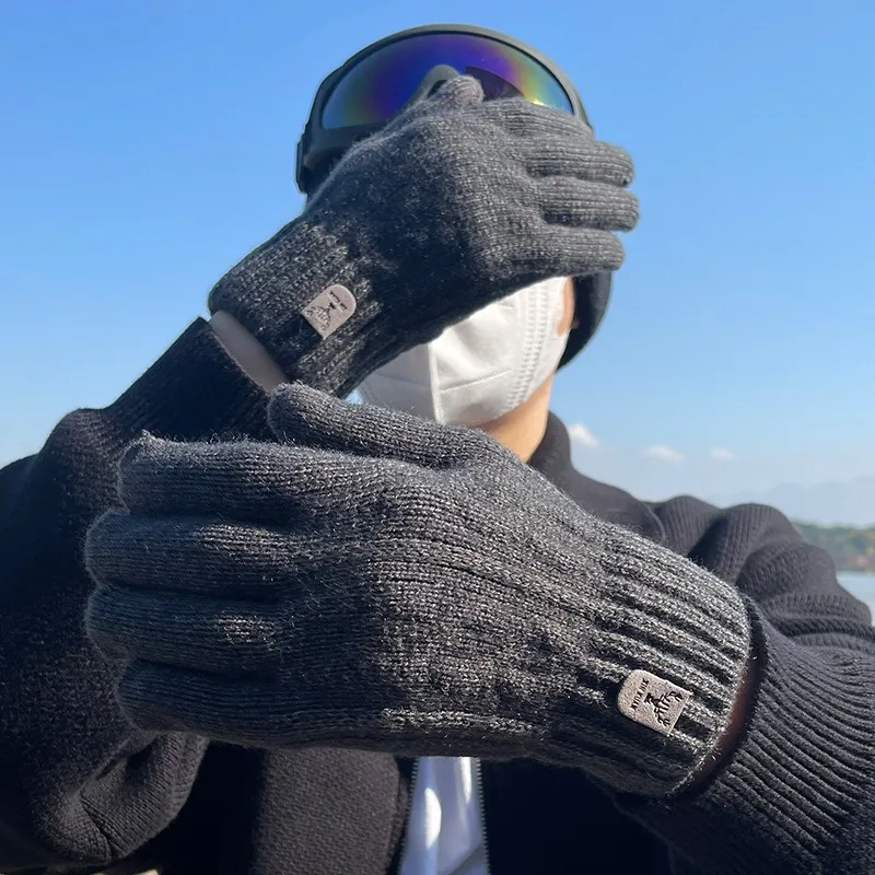 New men's warm gloves winter touch screen plus fleece gloves cold warm wool knitted gloves Outdoor Windproof Skiing Snow Mittens 2