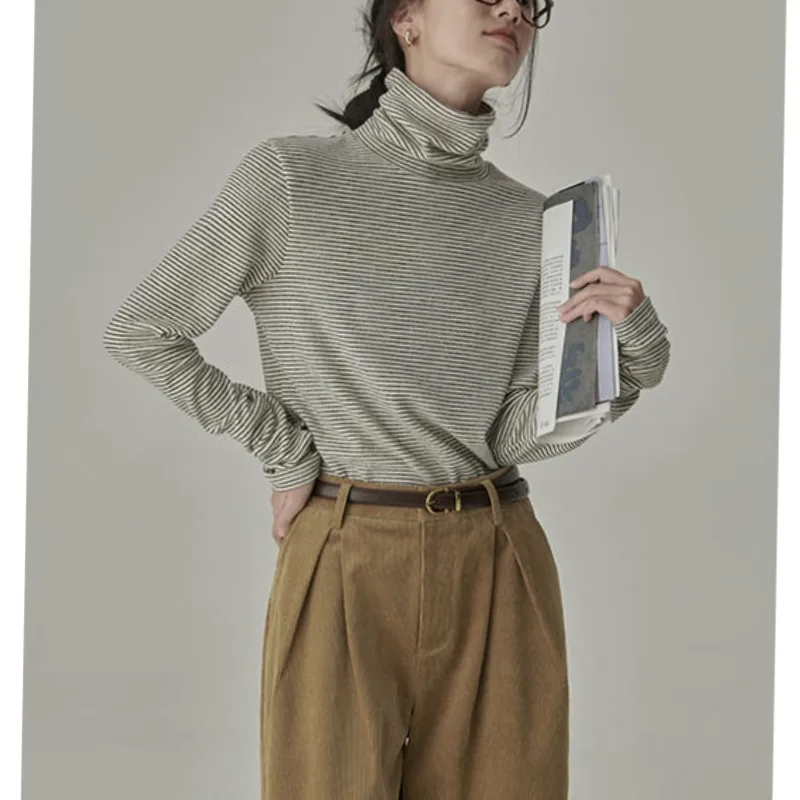 

Women's Autumn Winter New Fashion Elegant High Neck Pullover Long Sleeved Bottom Shirt Casual Versatile Western Commuter Tops