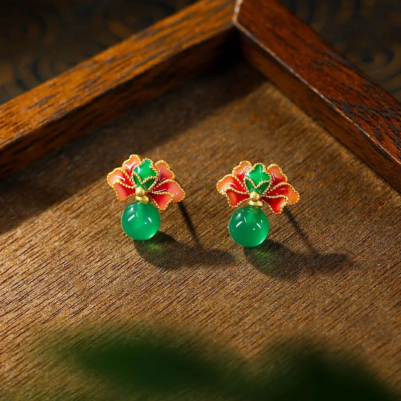 New Chinese Fashion Natural Jade Pendant Stud Earrings for Women Retro Design Small Luxury Jewelry Painted Enamel Elegant Gifts 5