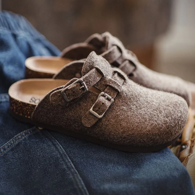 Maden Men's Vintage Wool Felt Mules Slip-on Outdoor Cork Sole Half Loafers for Spring and Autumn Slippers Versatile Home Shoes