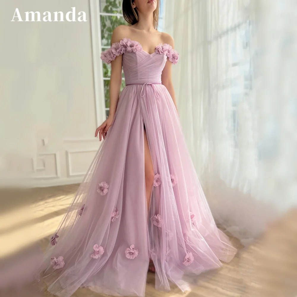 

Amanda Lavender A-line فستان سهرة Flower Tulle Party Dress Sweet Off Shoulder Evening Dresses Side Split Prom Dress