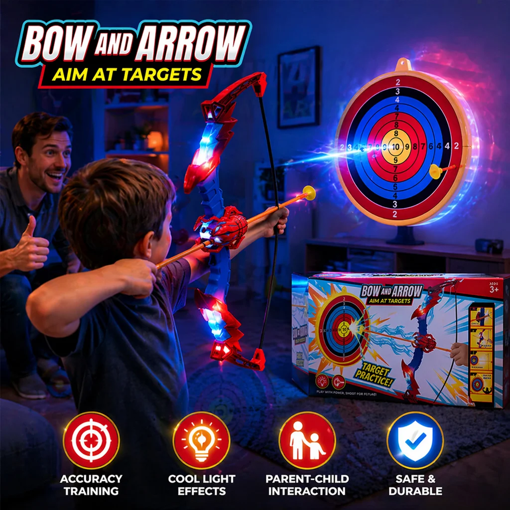 Set di arco e frecce con luci LED, 1 set, 10 frecce morbide con ventosa, bersaglio e torcia, giocattolo da tiro all'aperto per bambini, regalo di compleanno - immagine 2