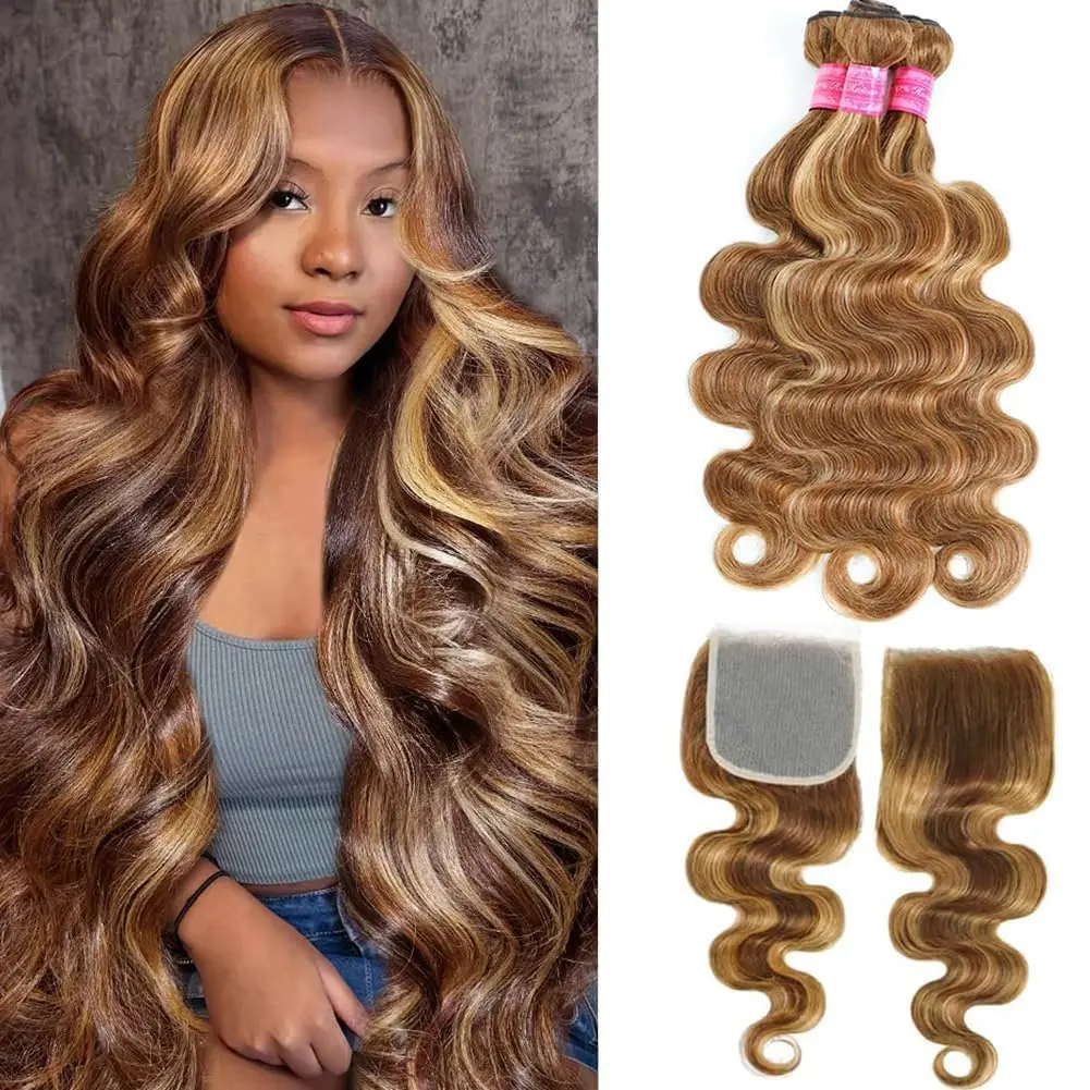Body Wave Human Hair Bundles With Closure P427 Color 4x4 Transparent Lace Closure Raw Brazilian Hair Double Weft  3/4 Pc Bundle