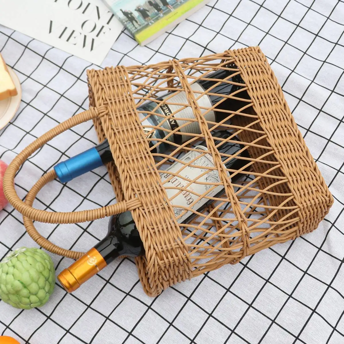 Woven Picnic Basket Large Capacity Fashionable Handmade Shopping Basket Portable Rattan For Camping Picnic BBQ Fishing