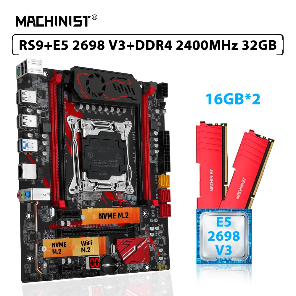 

MACHINIST X99 RS9 комплект материнской платы LGA 2011-3 Xeon Kit E5 2698 V3 процессор ЦП (2*16 Гб) 32 Гб 2400 МГц ECC DDR4 Память ОЗУ NVME M.2