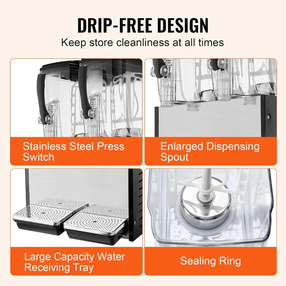 commercial beverage dispenser, 2 tanks 12 l / 12.7 qt per tank juice dispenser, 286w stainless steel ice tea drink machine with