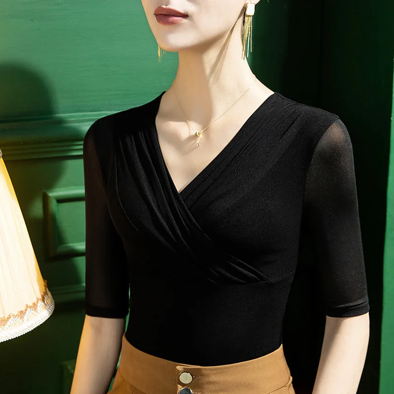 

Summer Tops New Mesh Crossed V-Neck Undercoat Women's Slim Fit Sexy Underlay Medium Sleeve Top