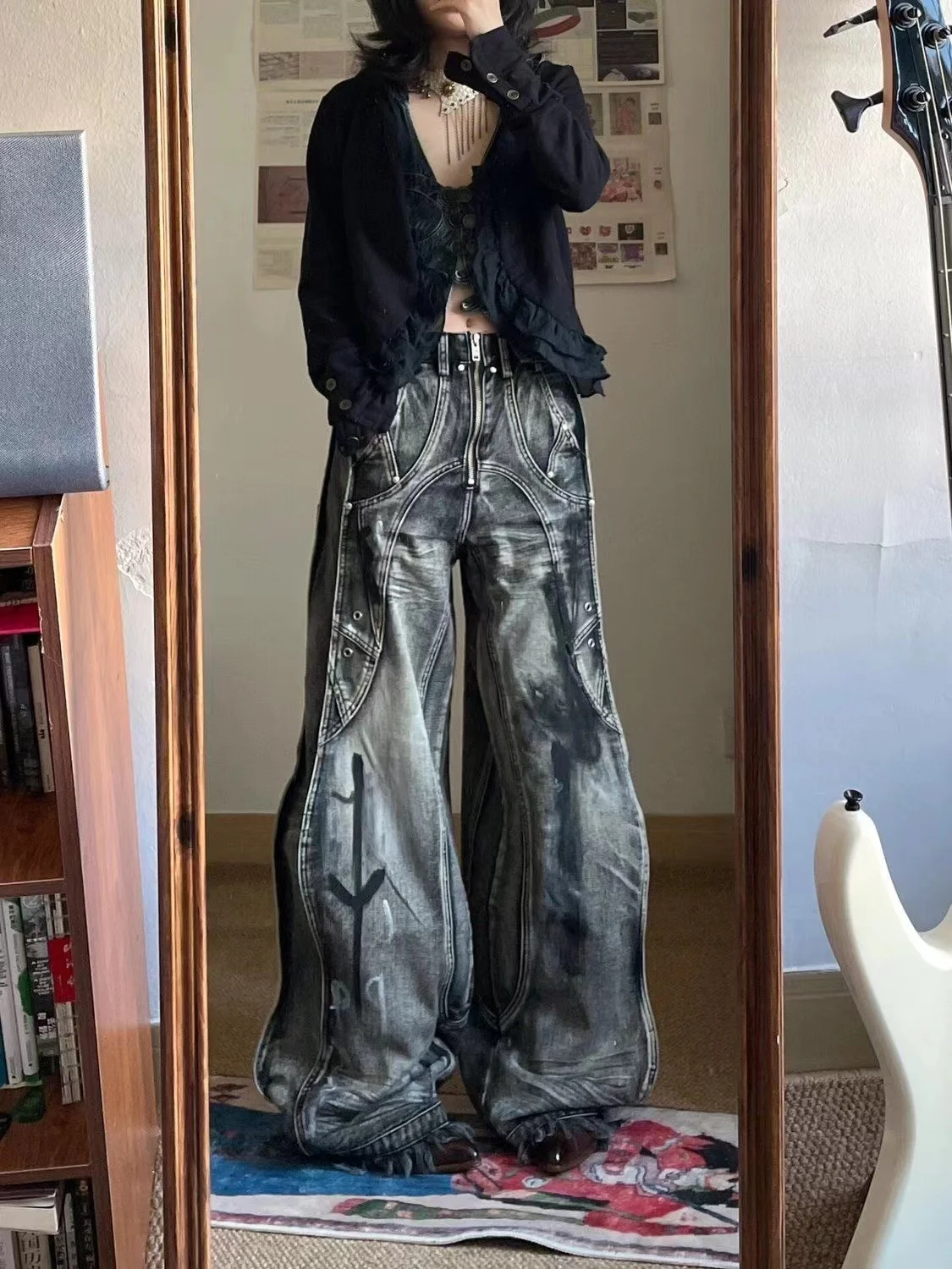 New American Vintage hip-hop washing fashion striped graffiti jeans women's Y2K Harajuku punk Gothic wide pants Streetwear