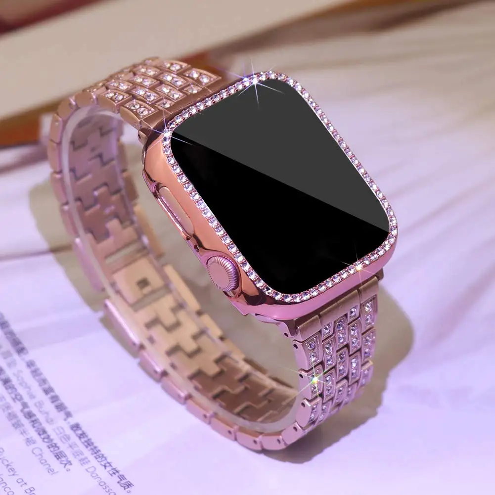 Elegant Diamond-Encrusted Watch Band with Protective Cover & Screen Protector