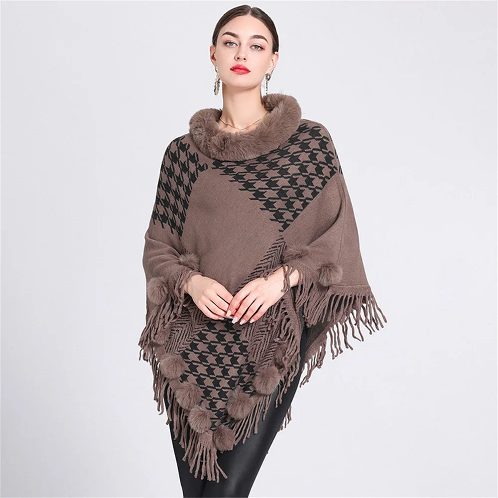 Winter Faux Rabbit Fur Ball Tassel Triangle Oversize Pullover Shawl Warm Coat Women O Neck Cappa Houndstooth Poncho Streetwear 5 colors women o neck loose poncho cappa winter faux rabbit fur tassel pompo oversize striped knitted ullover shawl coat