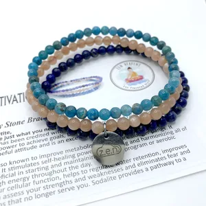 3pcs 4MM Healing Energy Stone Pendant Bracelets Set For Women Nature Blue Lapis Sunstone  Apatite Round Bead Bracelet For Yoga