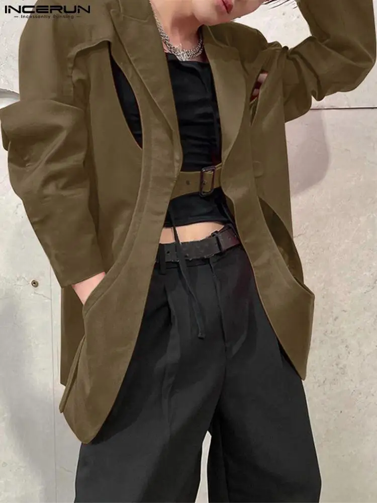 INCERUN Men Blazer Solid Color Lapel Long Sleeve Streetwear One Button Fashion Casual Suits Hollow Out Irregular Coats Men