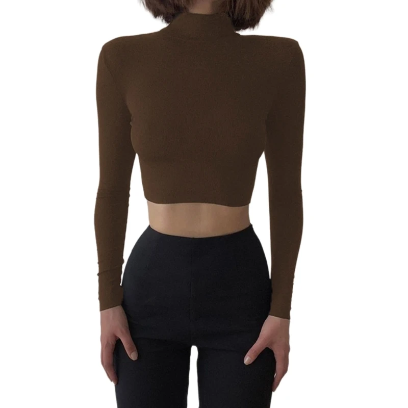 

Women Mock Neck Sweater Crop Top Long Sleeve Ribbed Knit Base Shirt
