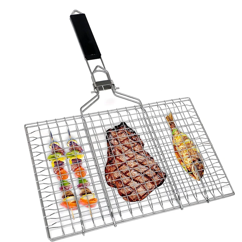 LMETJMA Foldable Grill Basket Portable Stainless Steel BBQ Barbecue Grilling Basket With Removable Handle Steak Fish JT59