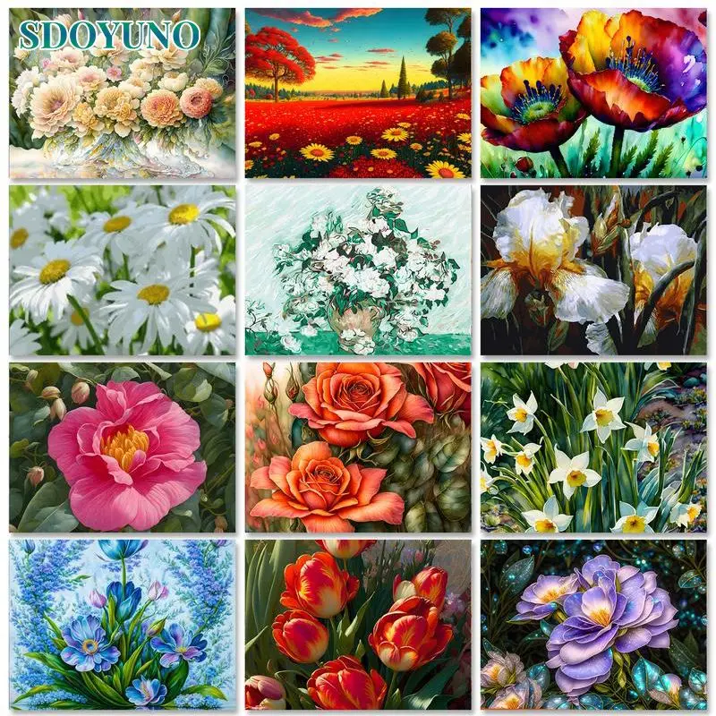 SDOYUNO Painting by numbers Handpainted Picture With Numbers Flowers DIY Coloring by numbers Adults crafts Home Decor