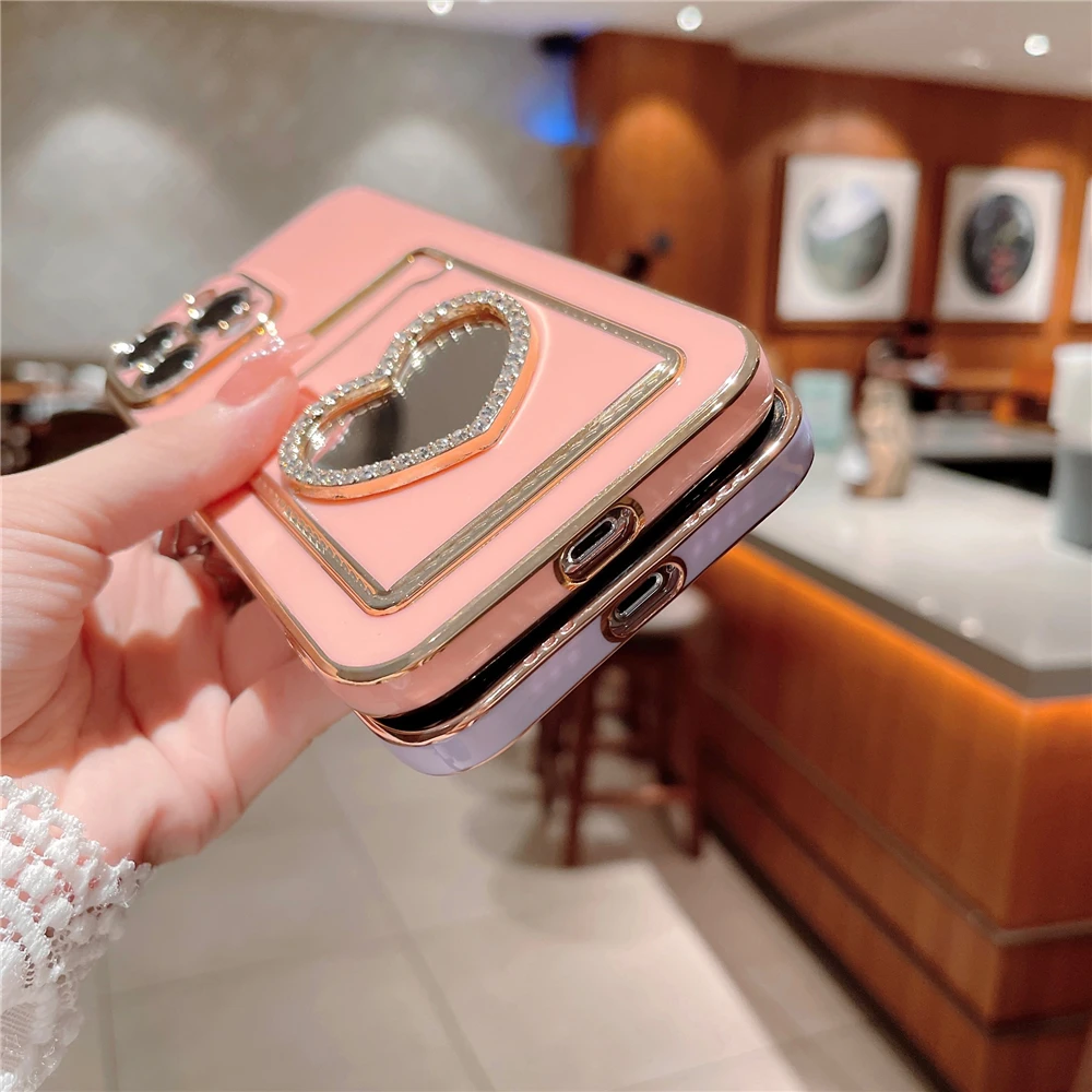 Phone Case iPhone Case Glitter Rhinestone Love Heart Mirror Plating Wallet Card Case For iPhone 16 15 14 13 11 12 Pro Max XS X 7 8 Plus Soft Slot Cover