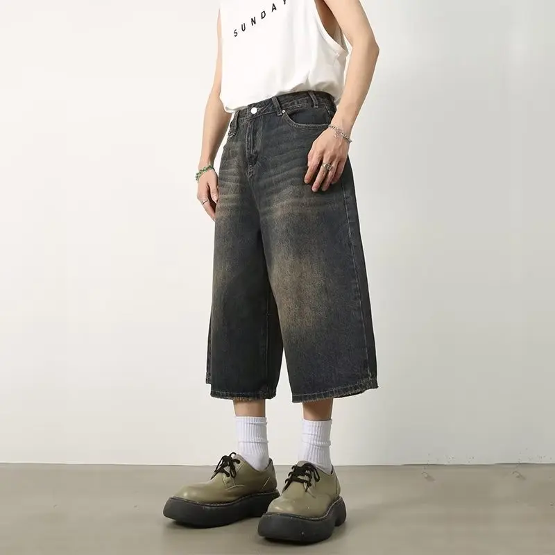 

Korean Style Vintage Men's Jeans Summer Loose Male Wide Leg Knee Length Shorts 2023 New Washed Fashion Denim Trouser 9A8825