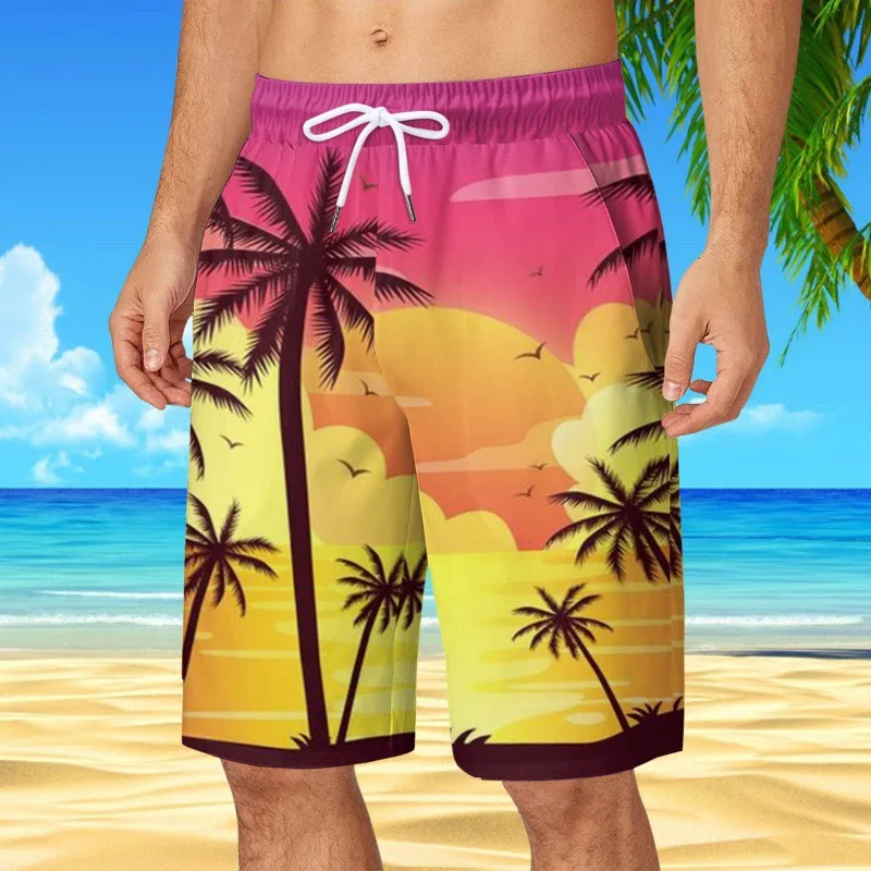 Mens Hawaiian Beach Shorts Coconut Tree Print