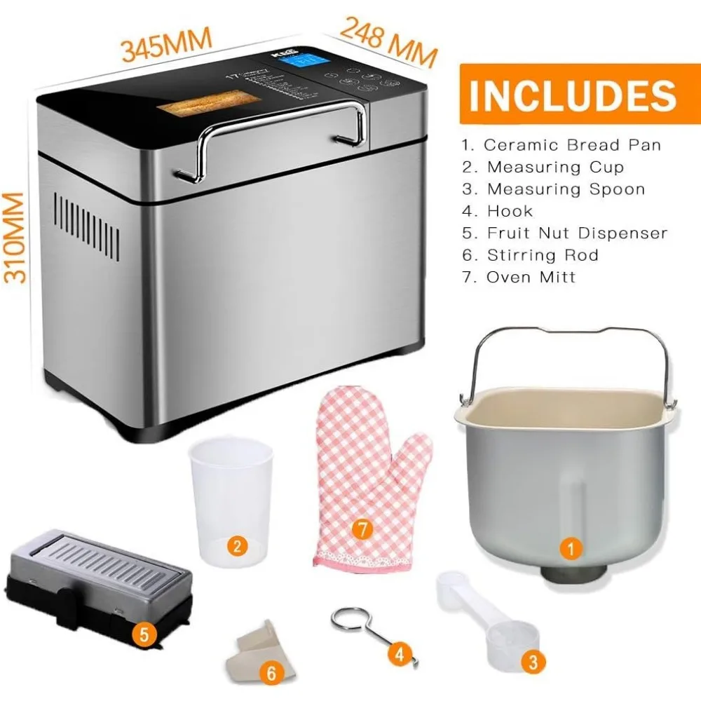 Stainless Steel Bread Machine, 2LB 17-in-1 Programmable XL Bread Maker with Fruit Nut Dispenser, Nonstick Ceramic Pan