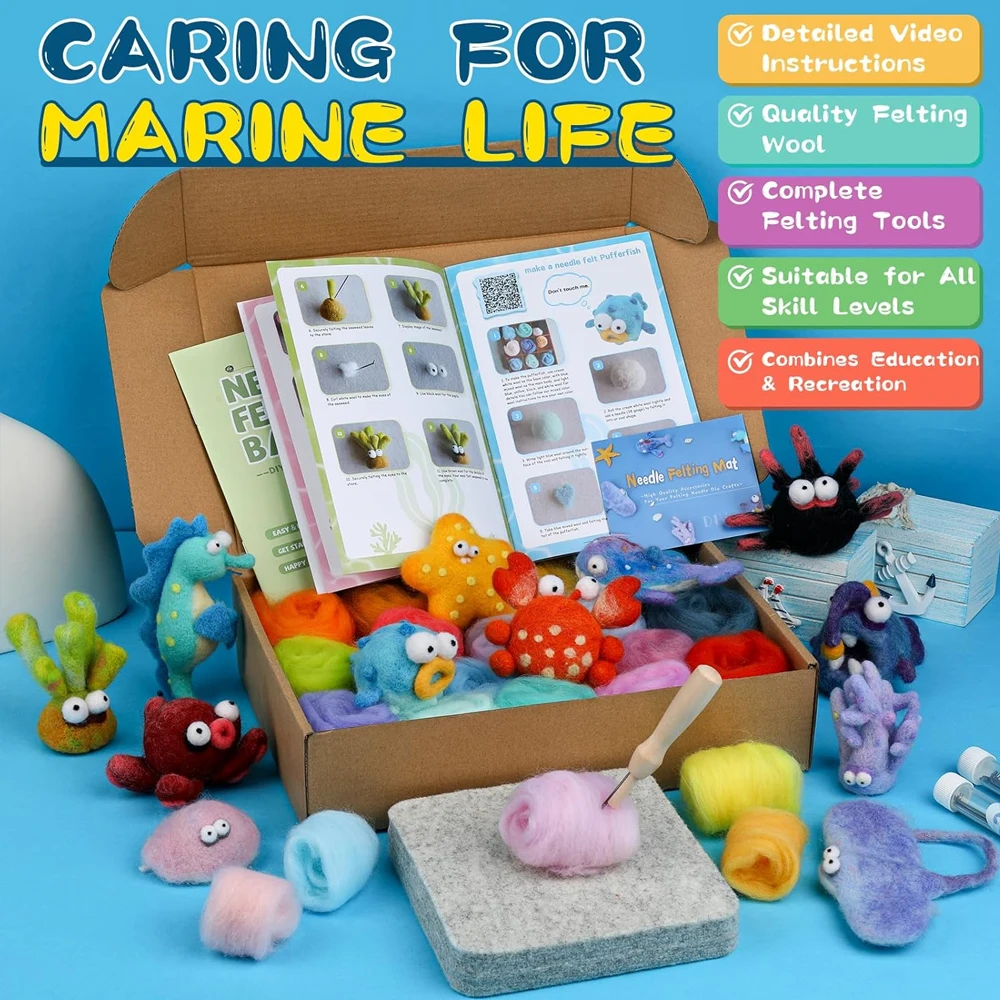 Sea Animals Needle Felting Kit Roving Felting Needles Pad Instruction for Starters DIY Craft 12Pcs