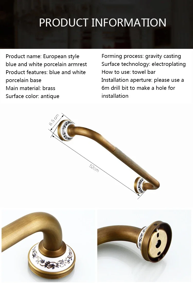 Description Picture 4 of itemAntique Grab Bars Bathroom Wall-mount Safety Assist Handle Towel Rack Bathtub Handrail Brass Anti-slip Elderly Armrest Hardware
