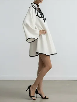 2026 New Hollowed V-neck Mini Dress for Women Flared Sleeves Pleated Dress Spring Stylish Contrast Trims Elegant Party Dress 2