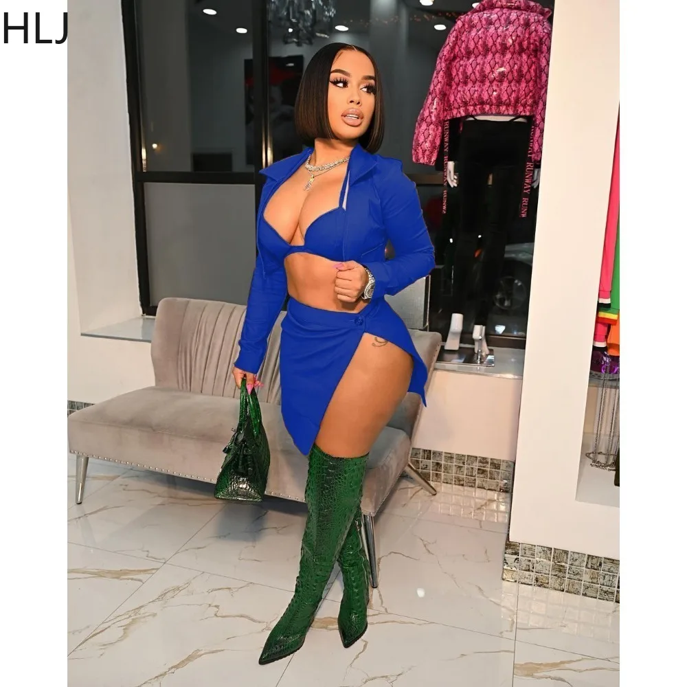HLJ Sexy Multicolour Slit Button Mini Skirts Two Piece Sets Women Long Sleeve Crop Top+Skirts Outfits Female Nightclub Clothing