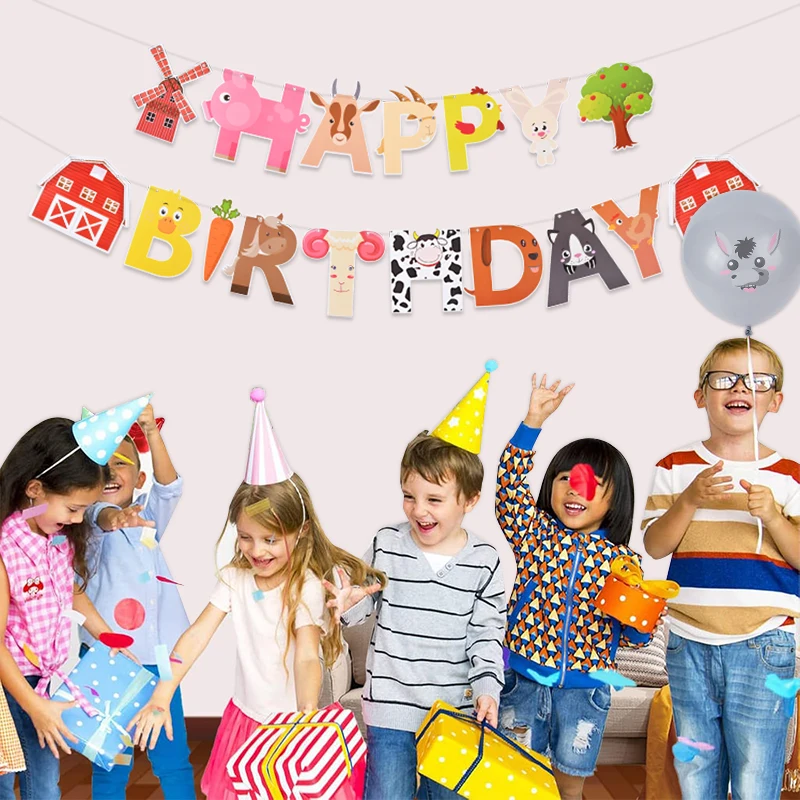 Bauernhof Thema Alles Gute zum Geburtstag Brief Banner Girlande Kinder Junge Mädchen Tier Geburtstag Party Dekoration Lieferungen Cartoon Hängende Flaggen – Detail 1