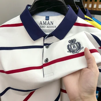 Polo da Uomo Estiva a Maniche Corte con Risvolto, Nuova T-shirt Ricamata con Badge, a Righe, Non Necessita di Stiratura, Versatile, Abbigliamento Business da Uomo