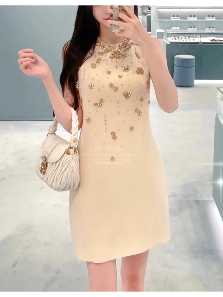

High-End Customization Women Beige A-Line Sleeveless Sexy Dress Hand Sewing Luxry Diamond Elegant 2022 Summer Party Nightclub