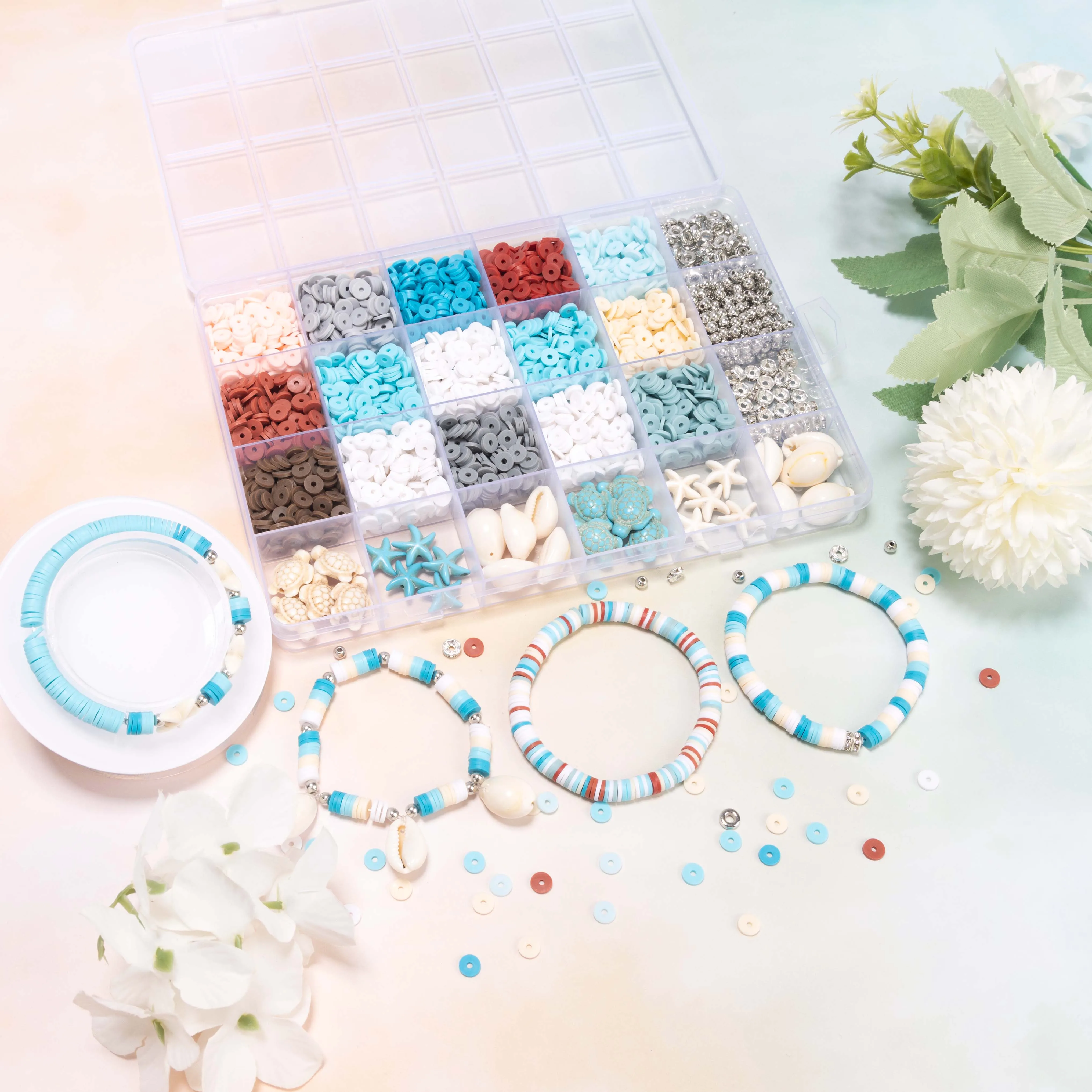 DIY 클레이 비즈 팔찌 만들기 키트, 바다 스타일 휴가 터키석 거북이 등껍질 불가사리 클레이 비즈, 진주 폴리머 비즈