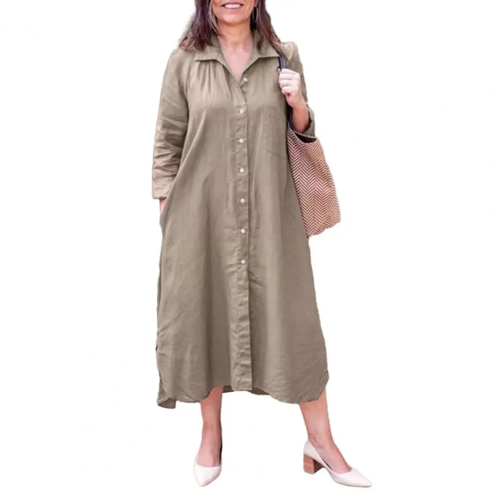 

Women Loose Dress Women Dress Soft Breathable Women's Midi Dress with Lapel Long Sleeves Pockets for Spring Autumn