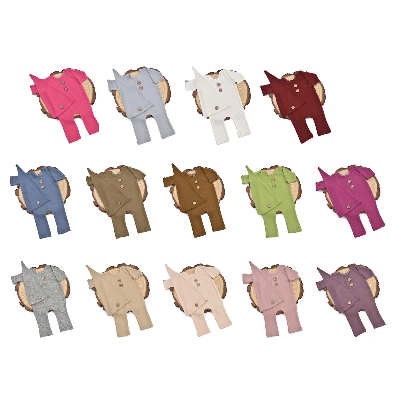 

2Pcs/Set Newborn Baby Romper Jumpsuit with Long Tail Hat Multi Solid Color Buttons Infant Overalls Photography Outfits