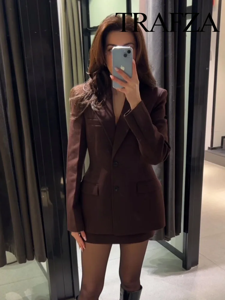 TRAFZA Women Fashion Suits Brown Turn-Down Collar Long Sleeves Single Breasted Blazer+High Waist Zipper Skirt Female Spring Sets 6